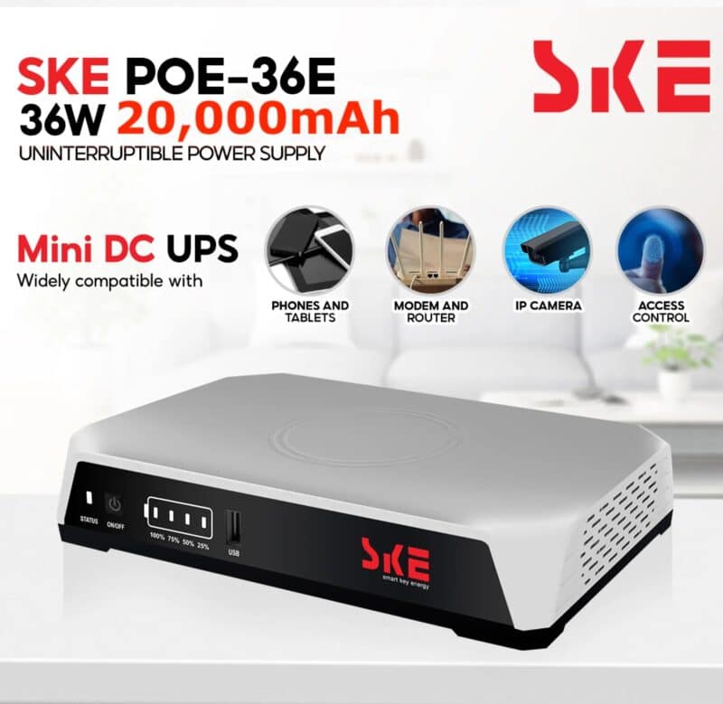 ske-800x779 SKE POE-36E-LFP 20,000mAh Mini DC UPS – 36W High Power Backup with LiFePO4 Battery (5V/9V/12V 3A) - Image 1